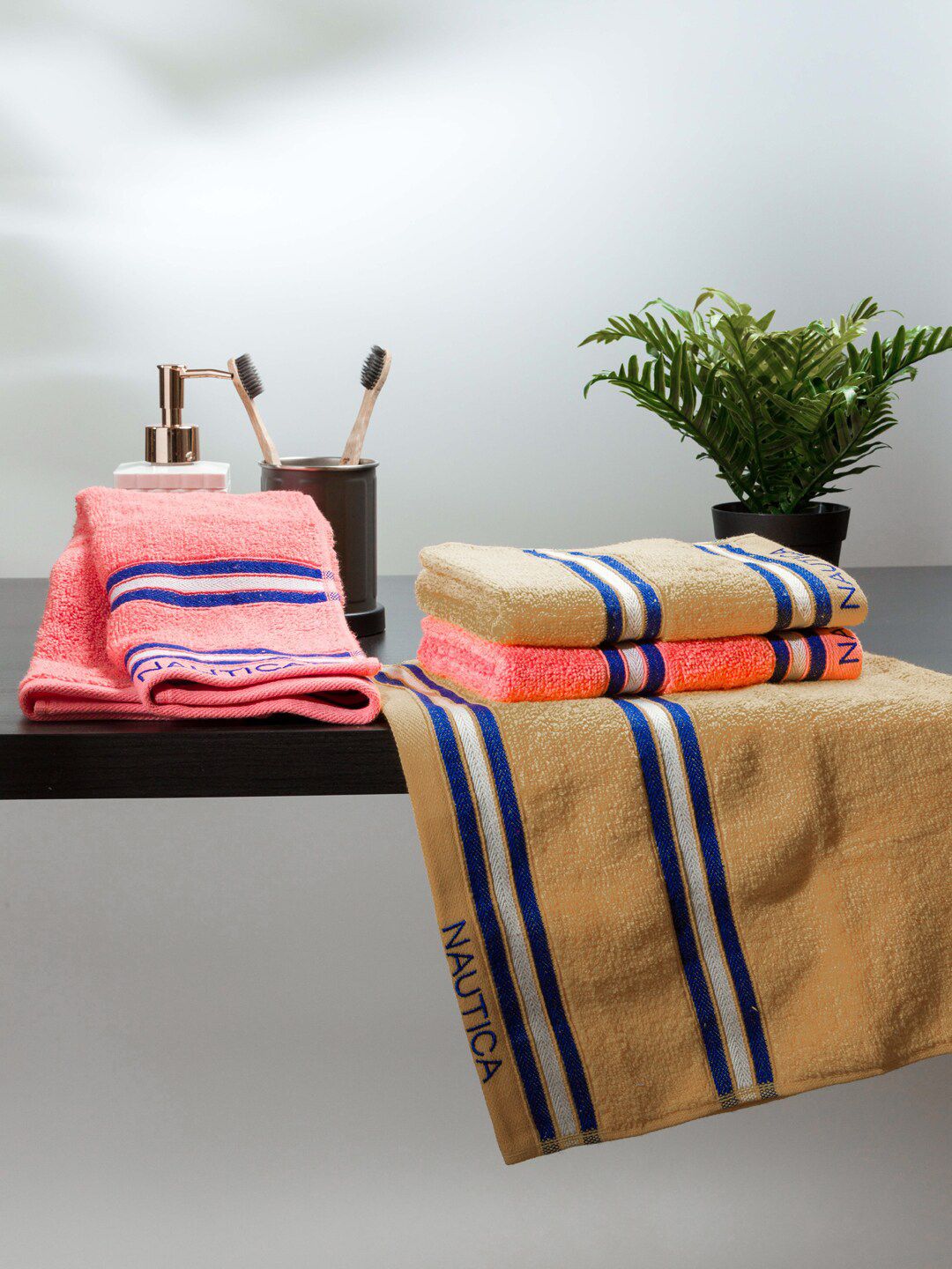 Nautica Beige & Coral-Peach-Colored 4 Pieces 500 GSM Zero Twist Pure Cotton Hand Towels-picture-22