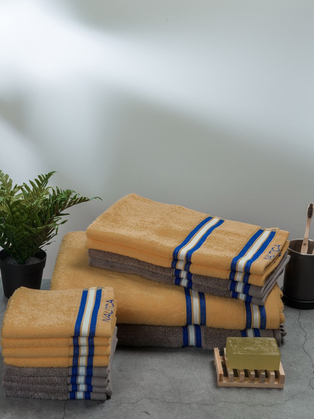 Nautica Beige & Grey 14-Pieces Striped Pure Cotton Super Absorbent Towel Set-picture-45
