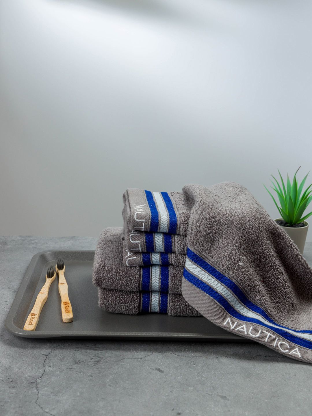 Nautica Grey 6 Pieces Striped 500GSM Cotton Towel Set-image-29
