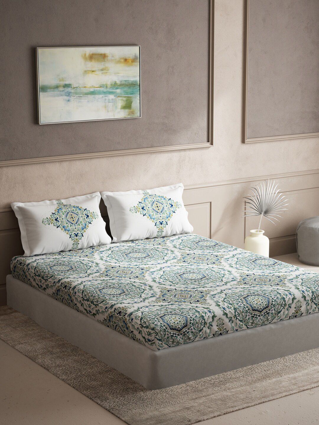 DDecor Live Beautiful Green & White 140 TC Cotton King Bedsheet & 2 Pillow Covers-picture-31