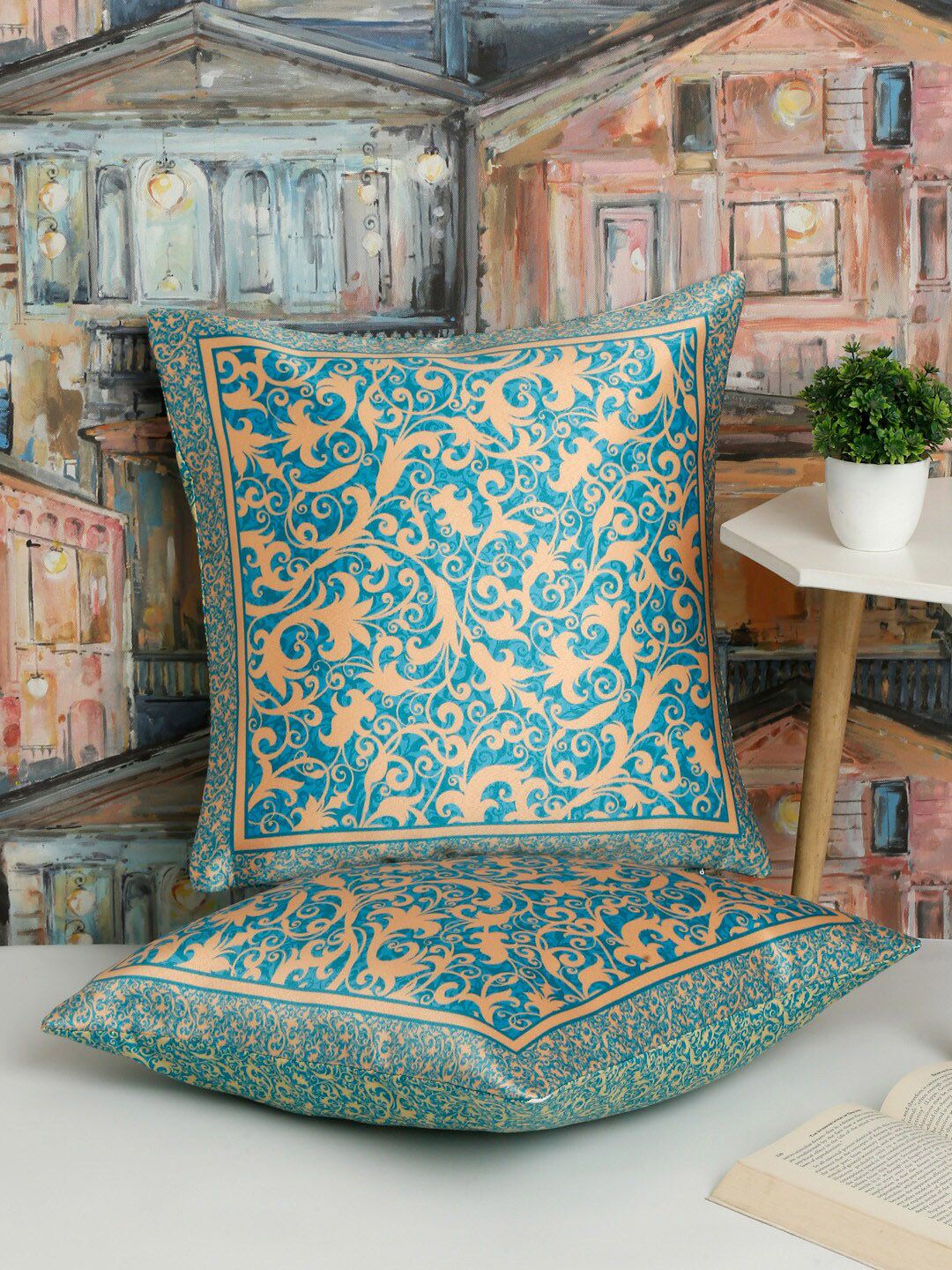 Alina decor Blue & Cream 2 Pieces Ethnic Motifs Square Cushion Covers-picture-16