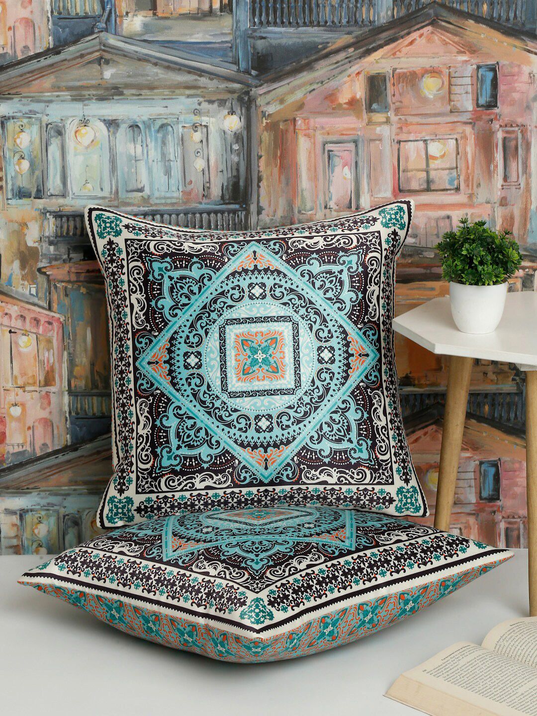 Alina decor Blue & Orange 2 Pieces Ethnic Motifs Square Cushion Covers-picture-10