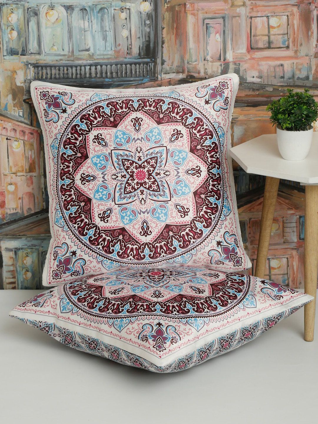 Alina decor Beige & Maroon 2 Pieces Ethnic Motifs Square Cushion Covers-picture-37