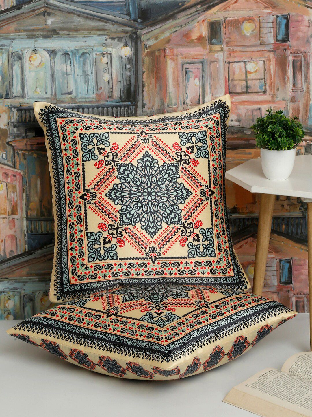 Alina decor Beige & Blue 2 Pieces Ethnic Motifs Square Cushion Covers-picture-23