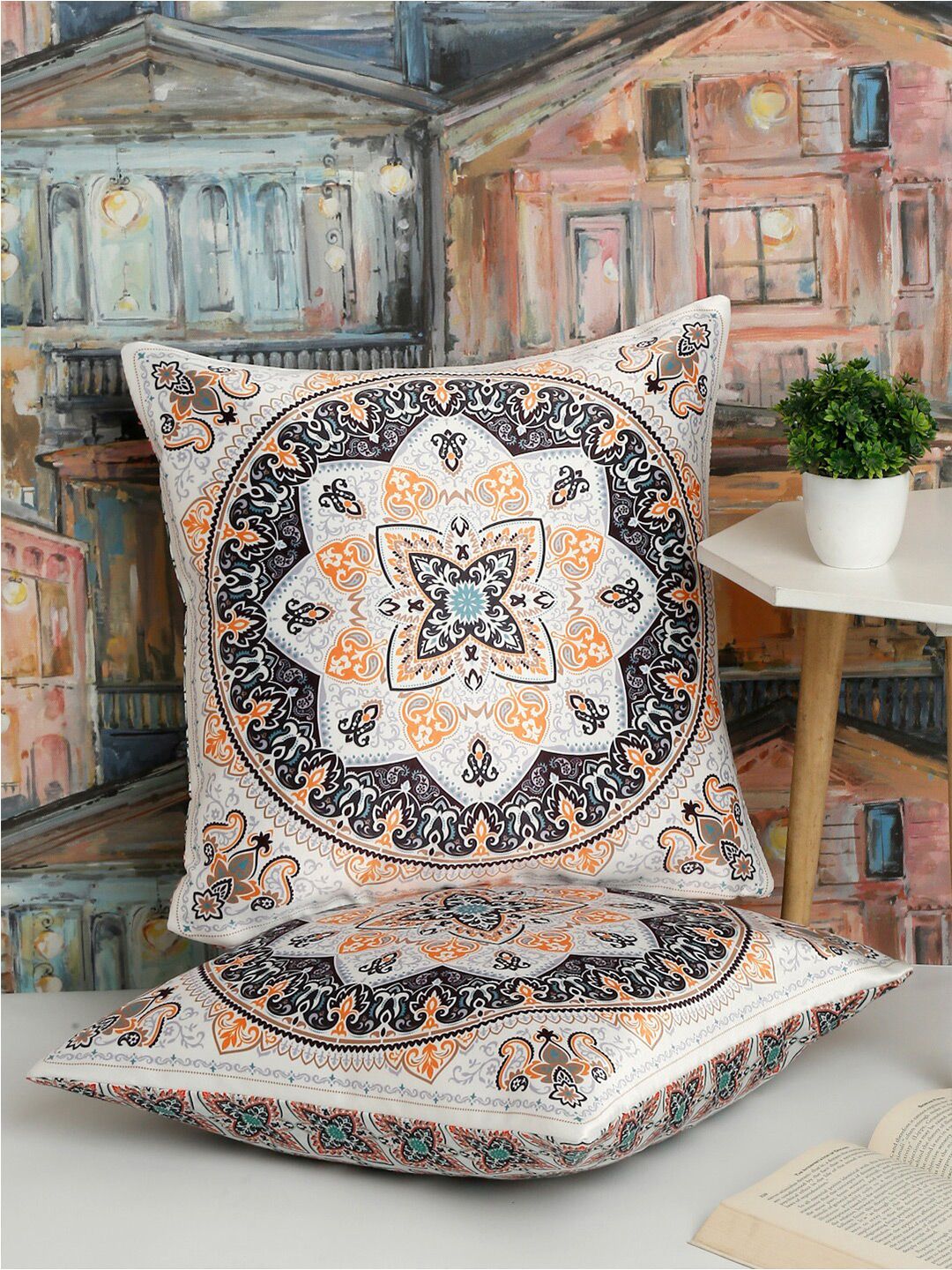 Alina decor White & Purple 2 Pieces Ethnic Motifs Square Cushion Covers-picture-12