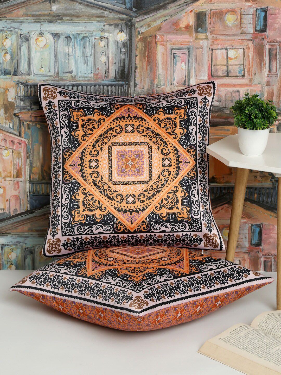 Alina decor Peach-Coloured & White 2 Pieces Ethnic Motifs Square Cushion Covers-picture-21