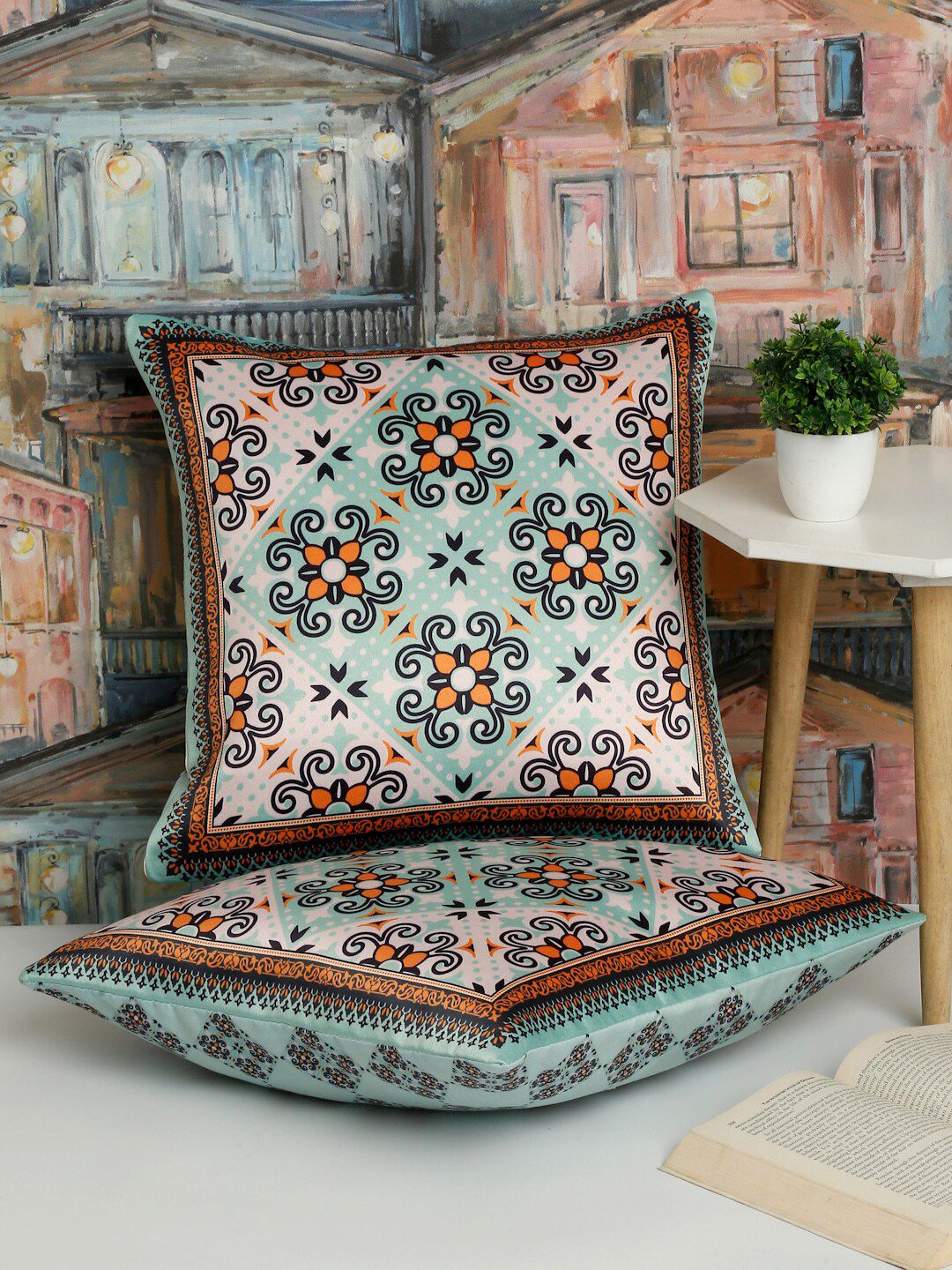 Alina decor Blue & Orange 2 Pieces Ethnic Motifs Square Cushion Covers-picture-26