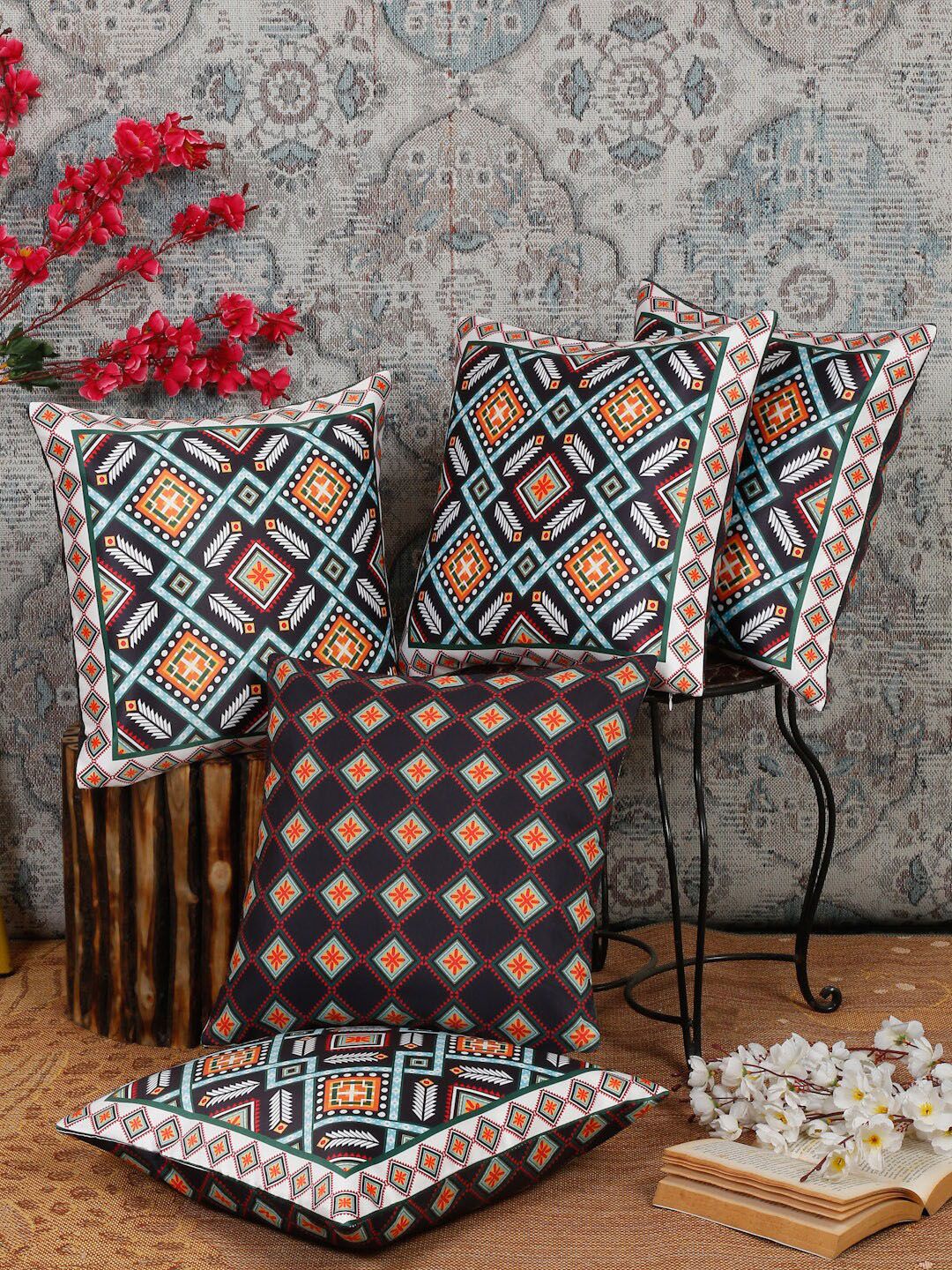 Alina decor Blue & Black 5 Pieces Ethnic Motifs Square Cushion Covers-picture-36