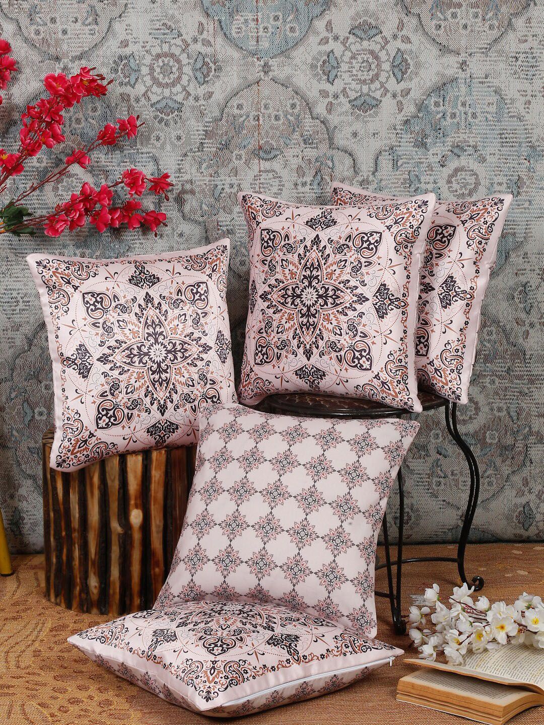 Alina decor Beige & Brown 5 Pieces Ethnic Motifs Square Cushion Covers-picture-12
