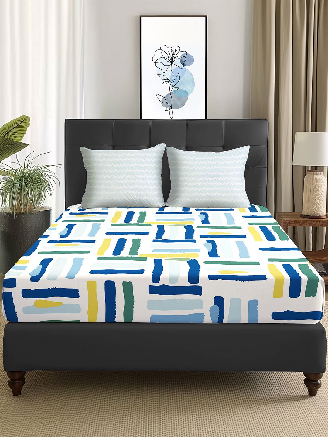 Story@home  Arena White & Blue Geometric Printed 180 TC Queen Bedsheet & 2 Pillow Covers-picture-37