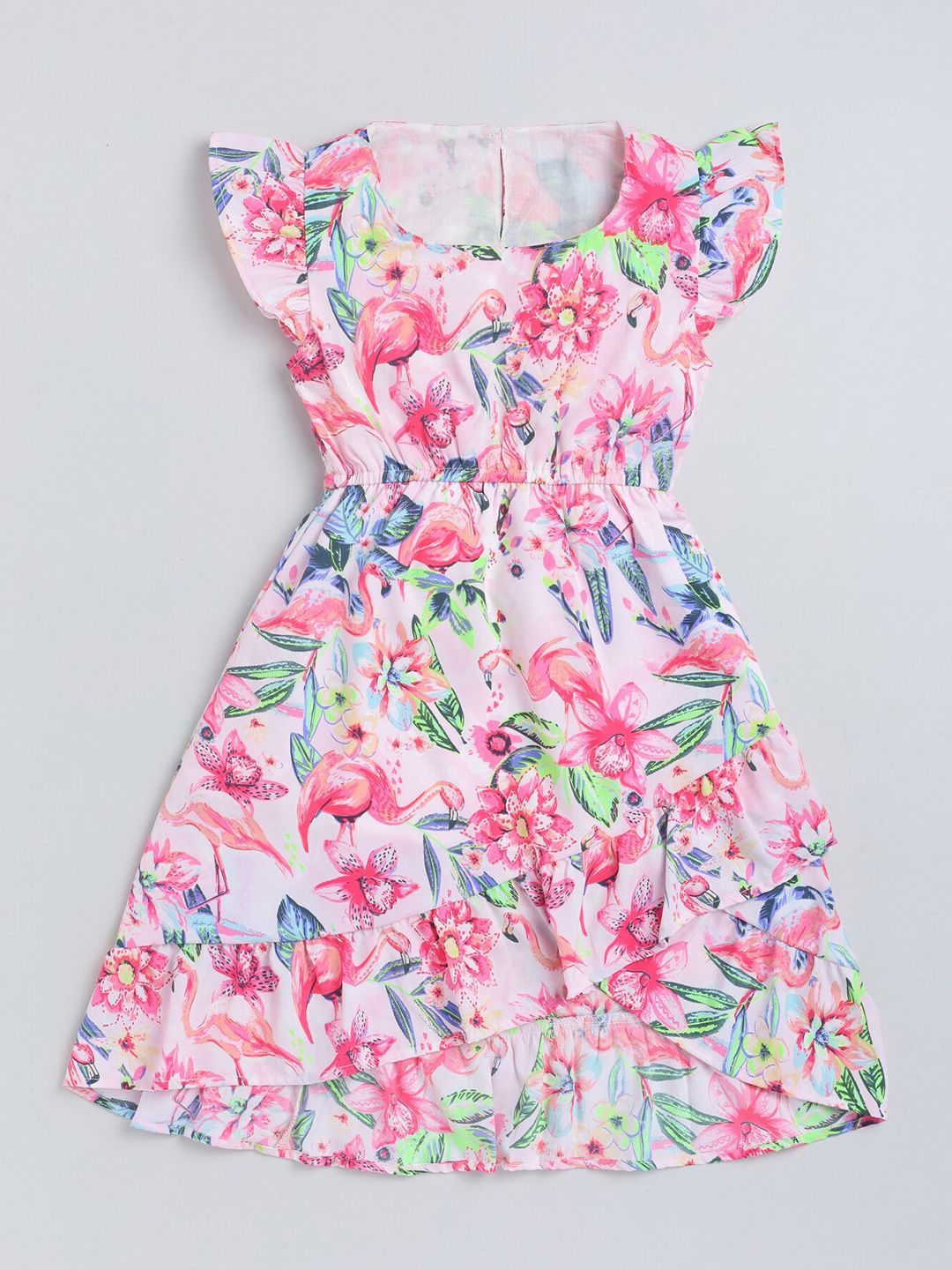 YK Girls Floral Printed Flutter Sleeve Ruffled Fit & Flare Dress-picture-11
