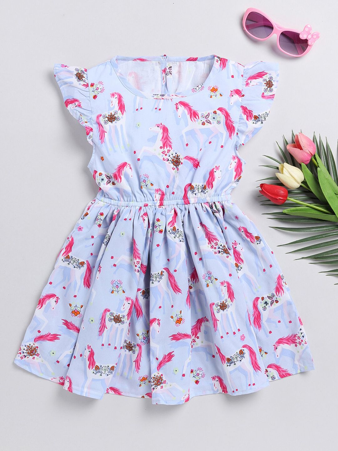 YK Girls Conversational Printed Flutter Sleeves Gathered Fit & Flare Dress-image-26