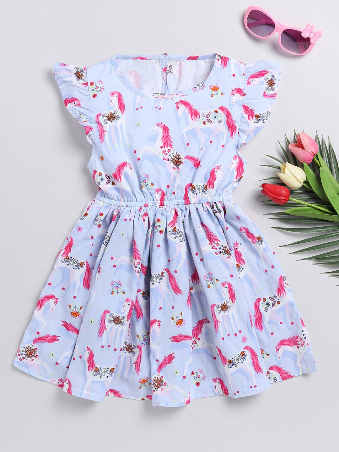 YK Cap Sleeves Conversational Printed Fit & Flare Dress-image-35