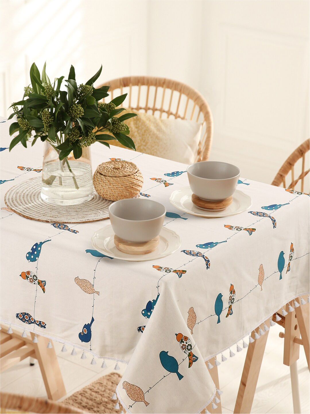 URBAN SPACE Off White Printed Pure Cotton Square Table Cover