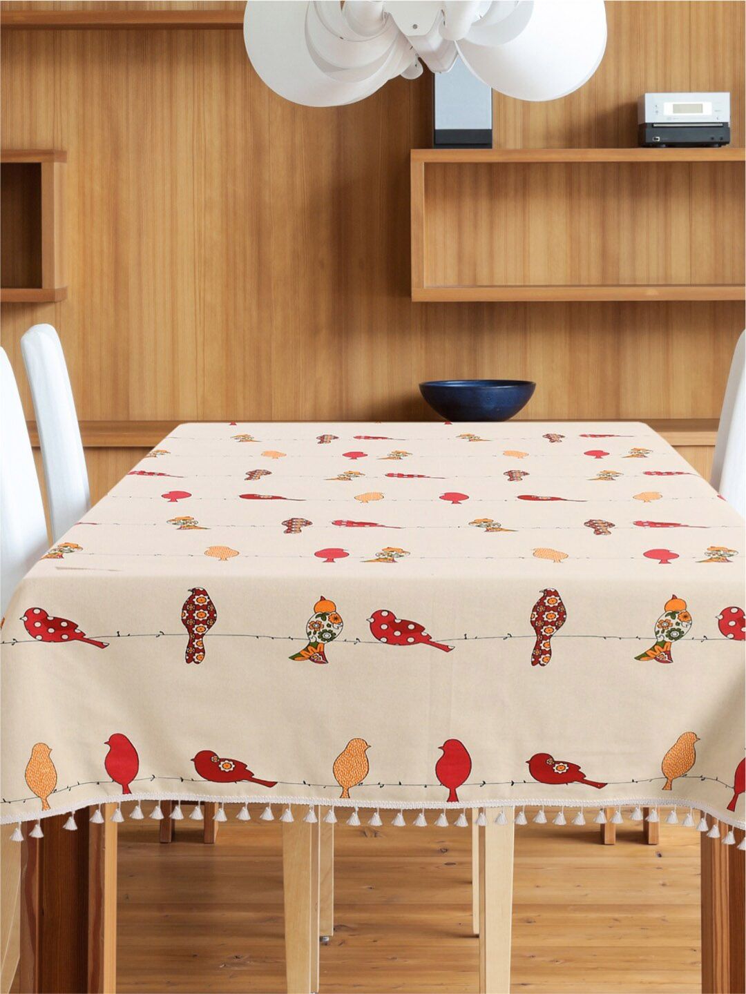 URBAN SPACE Cream & Red Printed Pure Cotton 4-Seater Table Cover