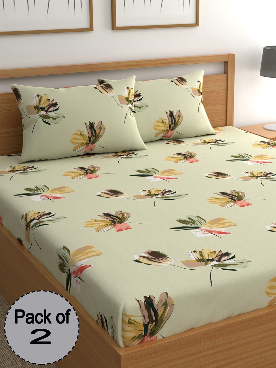 CHHAVI INDIA Green & Brown Floral 210 TC 2 Pieces Queen Bedsheet With 4 Pillow Covers-image-45
