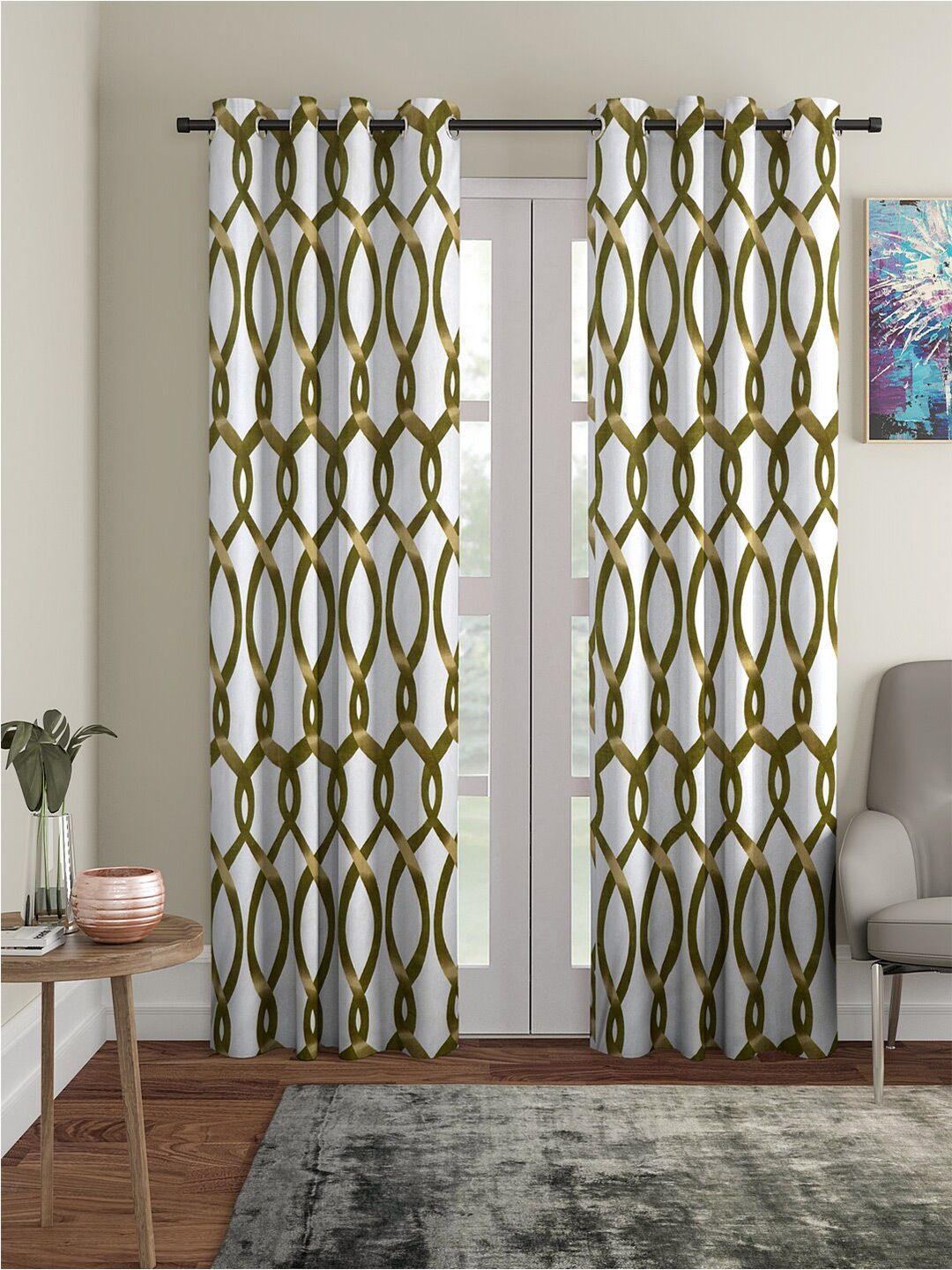 Cortina Olive Green & White 2 Pieces Geometric Printed Door Curtains-image-11