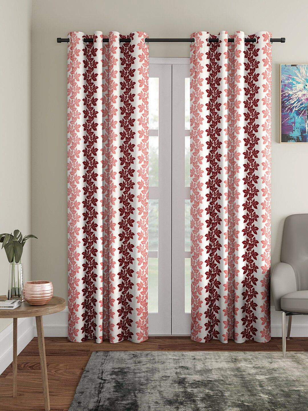 Cortina Maroon & White 2 Pieces Leaf Printed Door Curtains-image-30