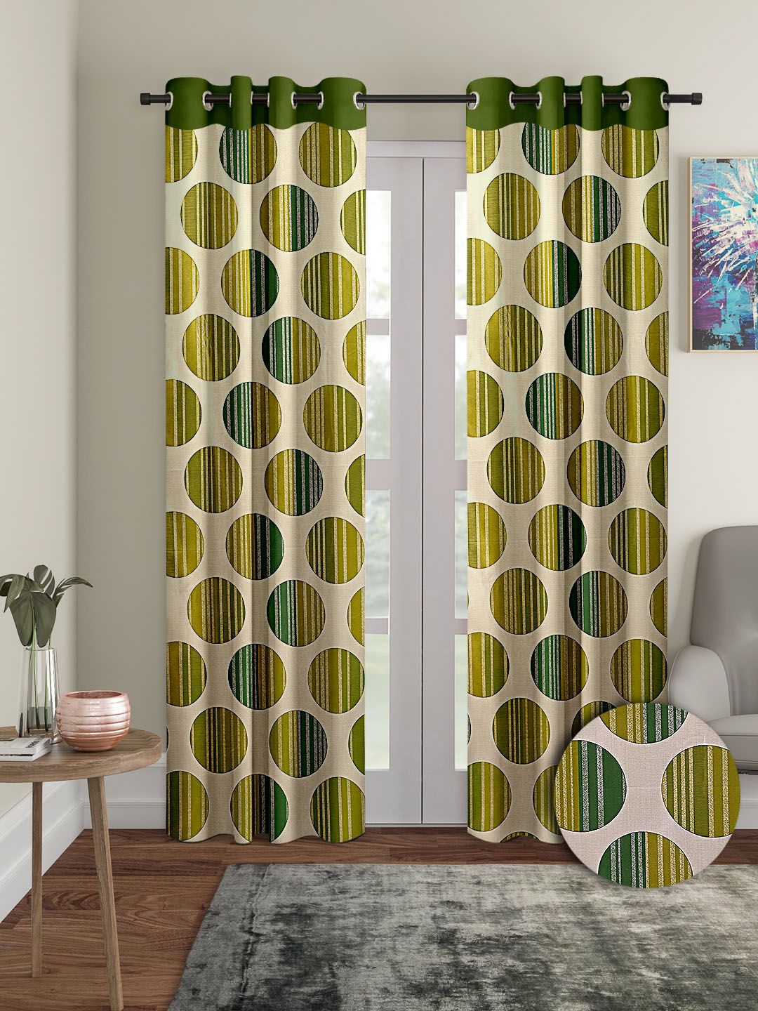 Cortina Olive Green & Black 2 Pieces Geometric Printed Door Curtains-image-41