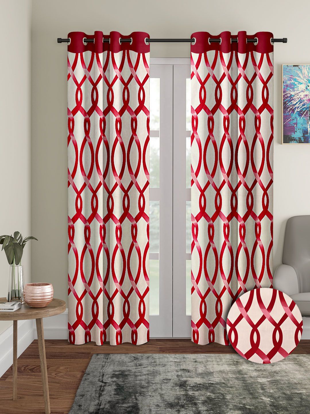 Cortina Maroon & White 2 Pieces Abstract Printed Door Curtains-image-14