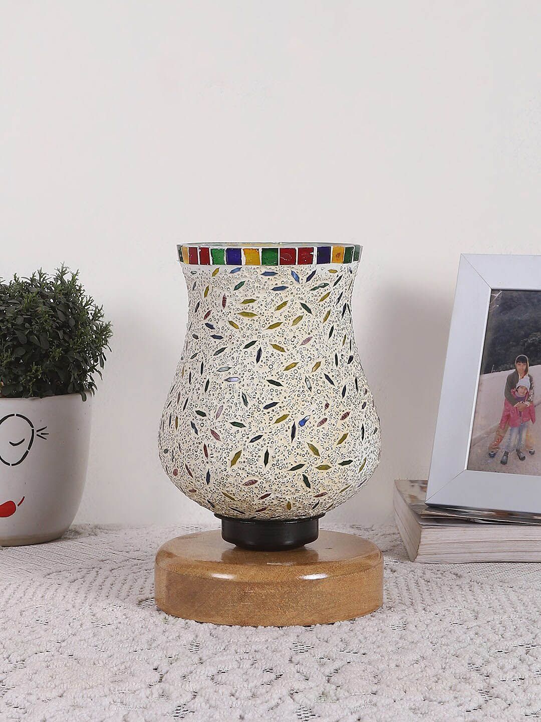 Devansh White & Red Printed Wooden Round Table Lamp With Mosaic Glass-picture-33