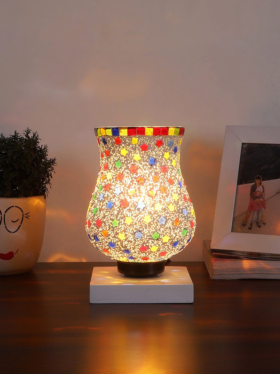 Devansh White & Red Printed Wooden Square Table Lamp With Mosaic Glass-image-20