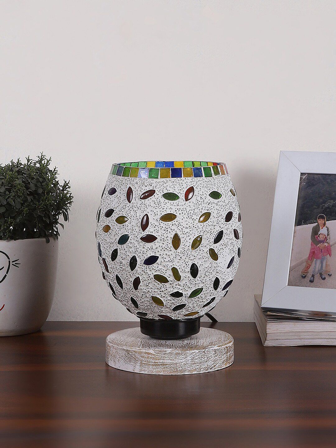 Devansh White & Red Printed Wooden Round Table Lamp With Mosaic Glass-image-36