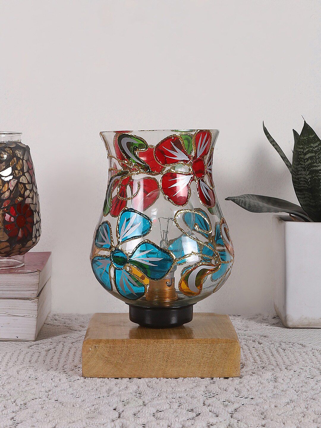 Devansh White & Blue Printed Wooden Square Table Lamp With Mosaic Glass-image-18