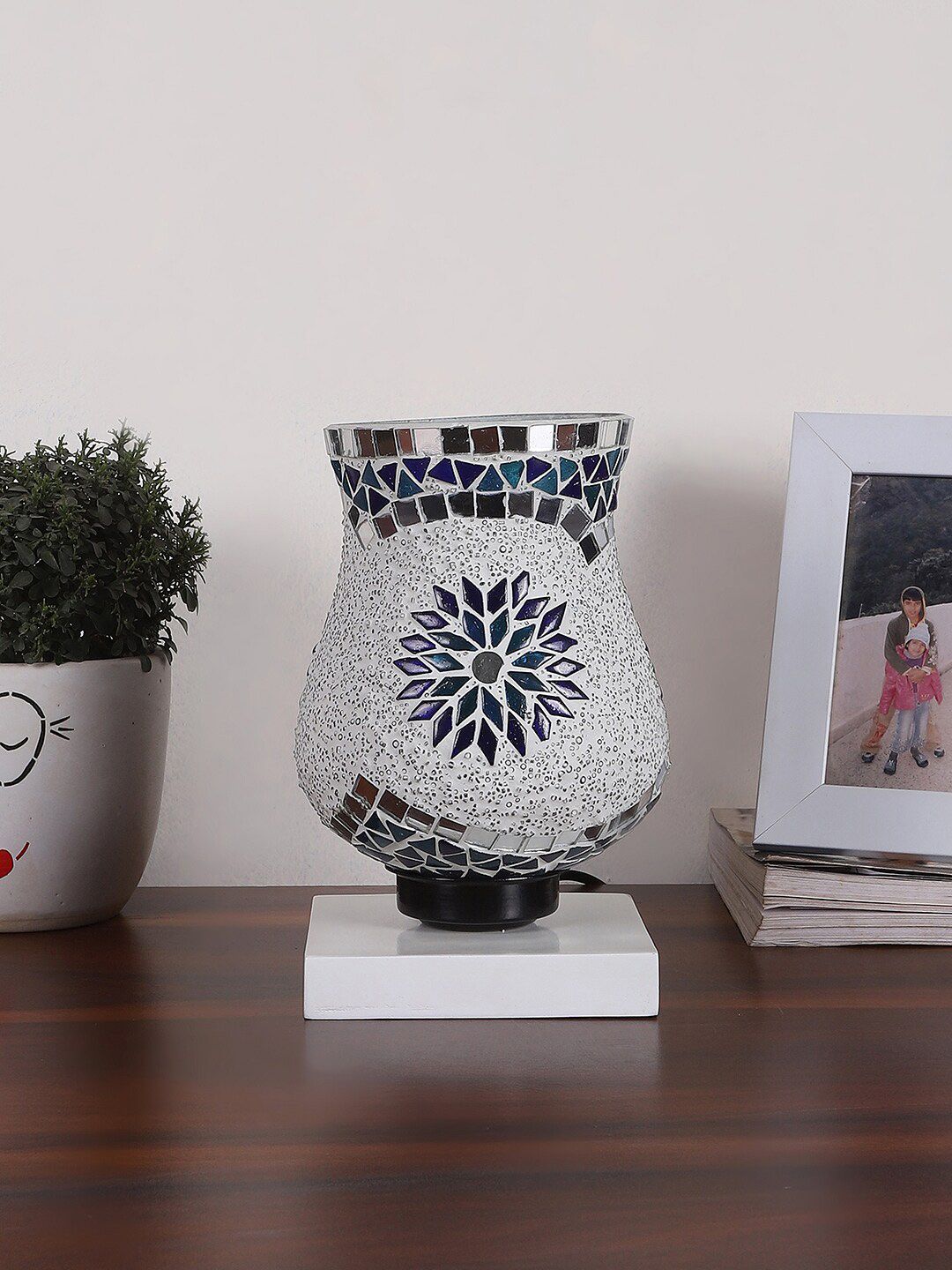 Devansh White & Blue Printed Wooden Square Table Lamp With Mosaic Glass-image-6