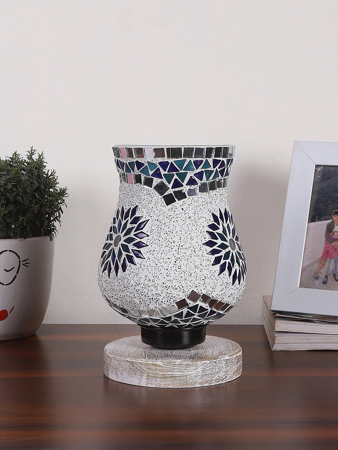 Devansh White & Blue Mosaic Design Glass Shade Table Lamp-image-6