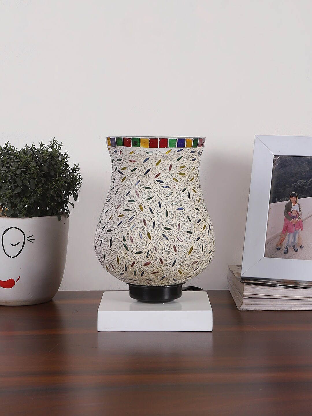 Devansh White & Red Square Shaped Wooden Table Lamp With Mosaic Design Glass Shade-picture-25
