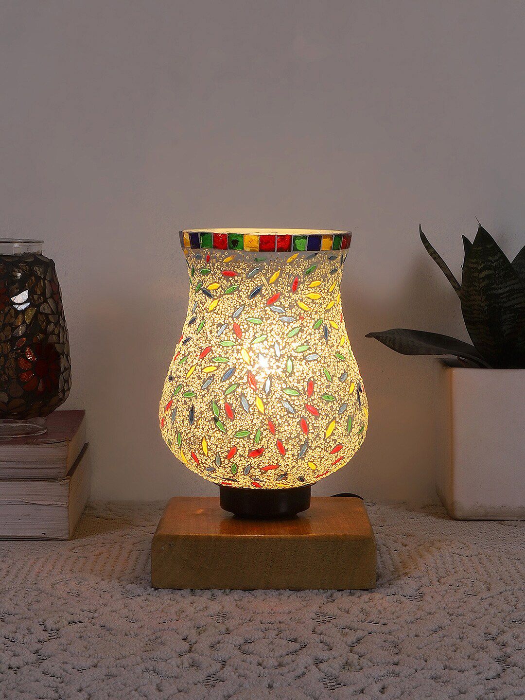 Devansh White & Red Printed Wooden Square Table Lamp With Mosaic Glass-image-8