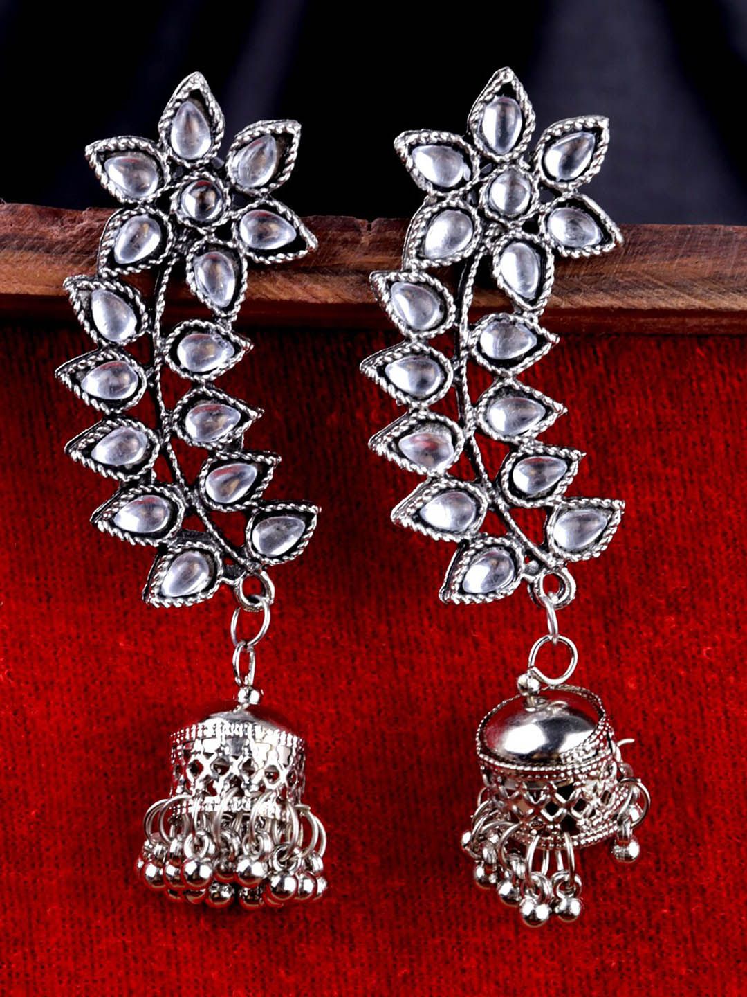 Fida Oxidised Silver Mirror Studded Floral Jhumka Earring For Women