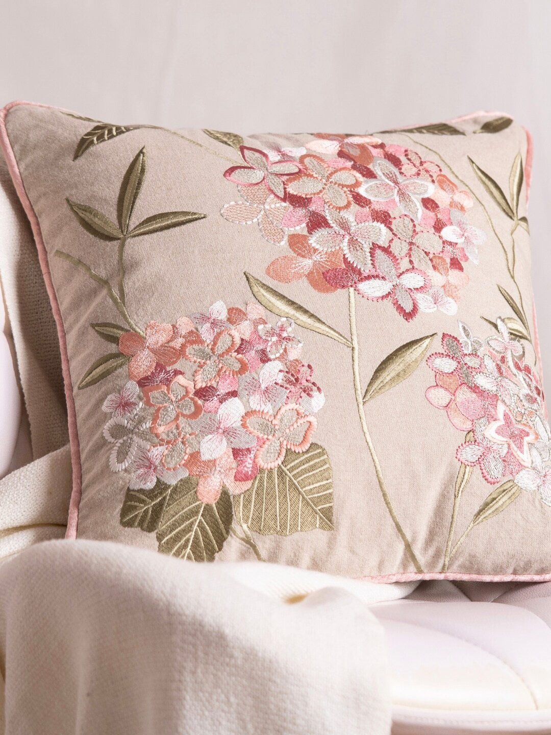 haus & kinder Beige Floral Embroidered Cotton Square Cushion Cover-picture-20