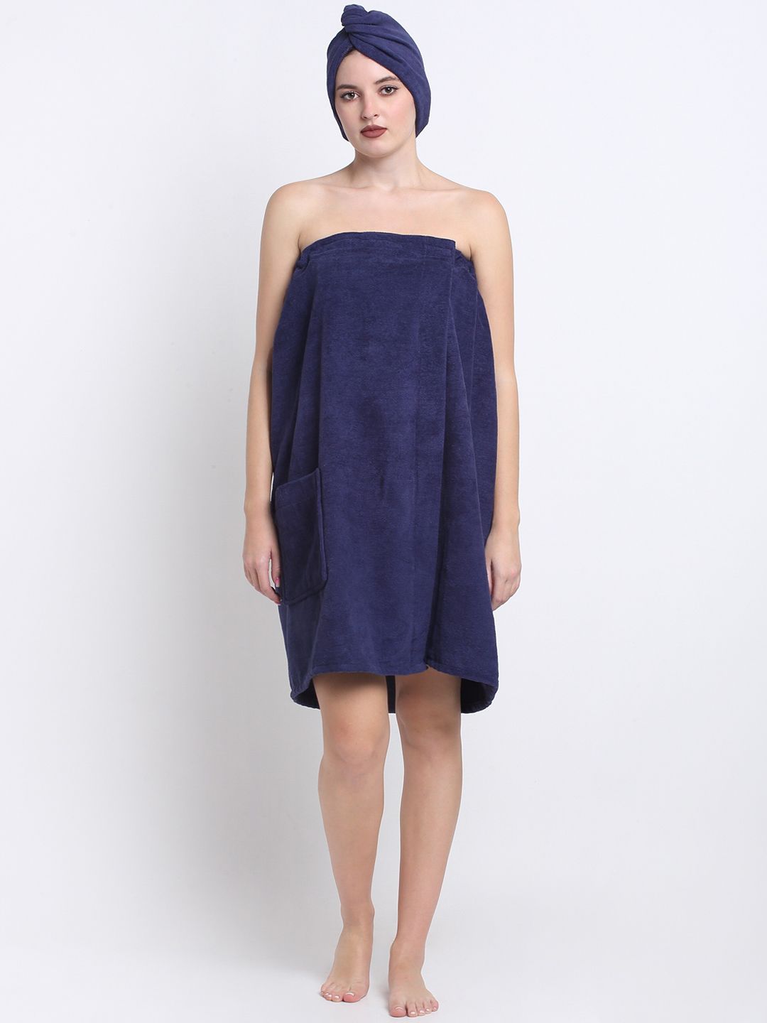 Creeva Luxury Navy-Blue 2 Pcs 380 GSM Pure Cotton Bath Wrap Towel With Hair Wrap Towel-image-23