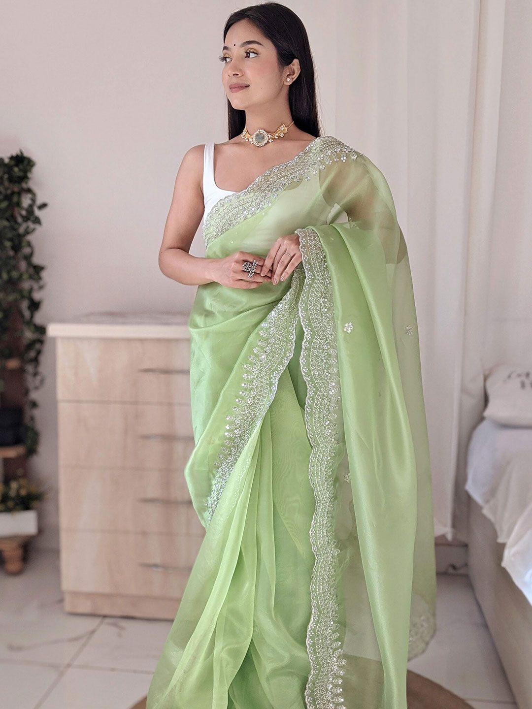 Floral Embroidered Sequinned Organza Saree–