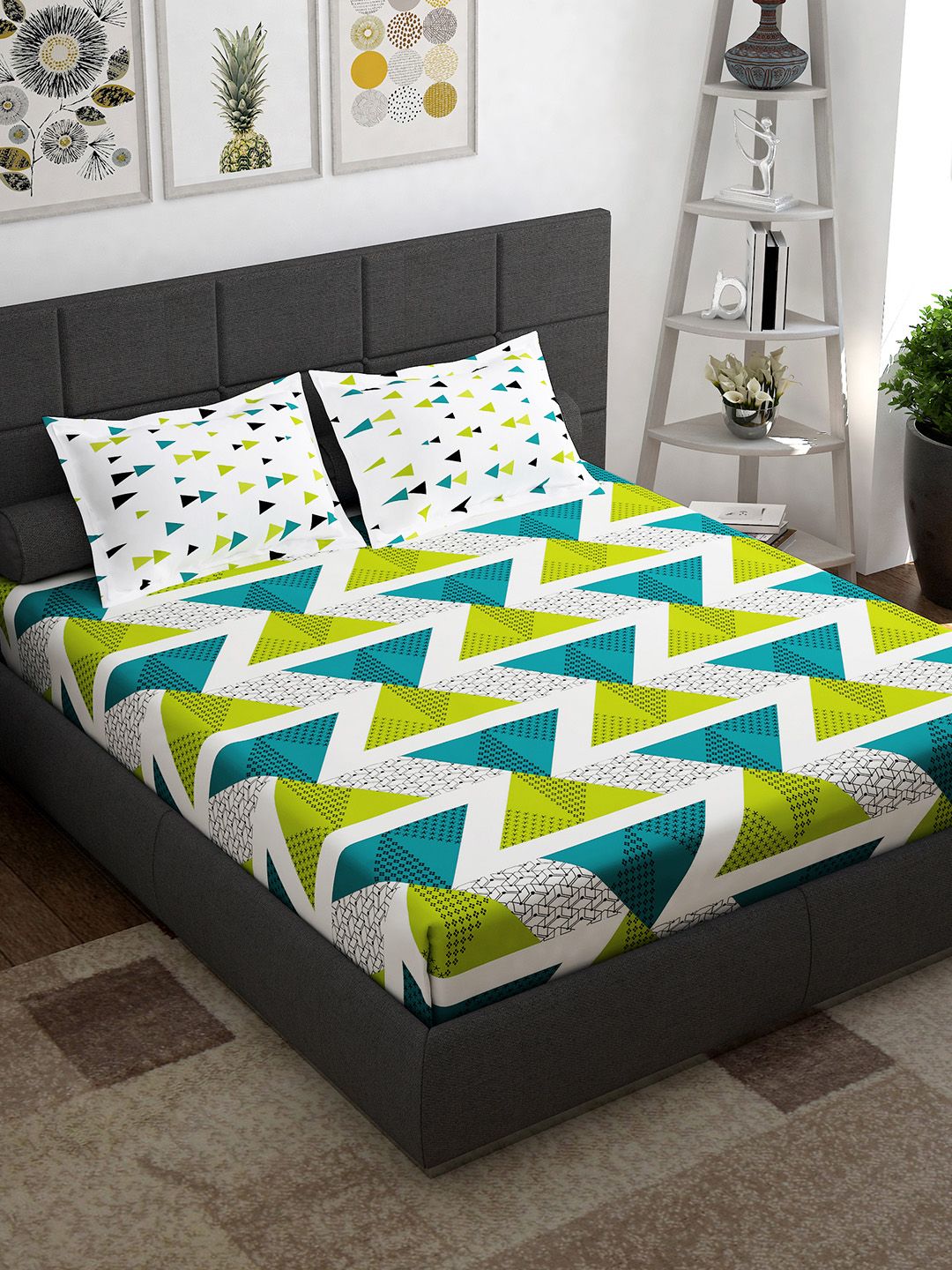 Story@home Ventura Green Geometric 144 TC Cotton Queen Bedsheet With 2 Pillow Covers-picture-25