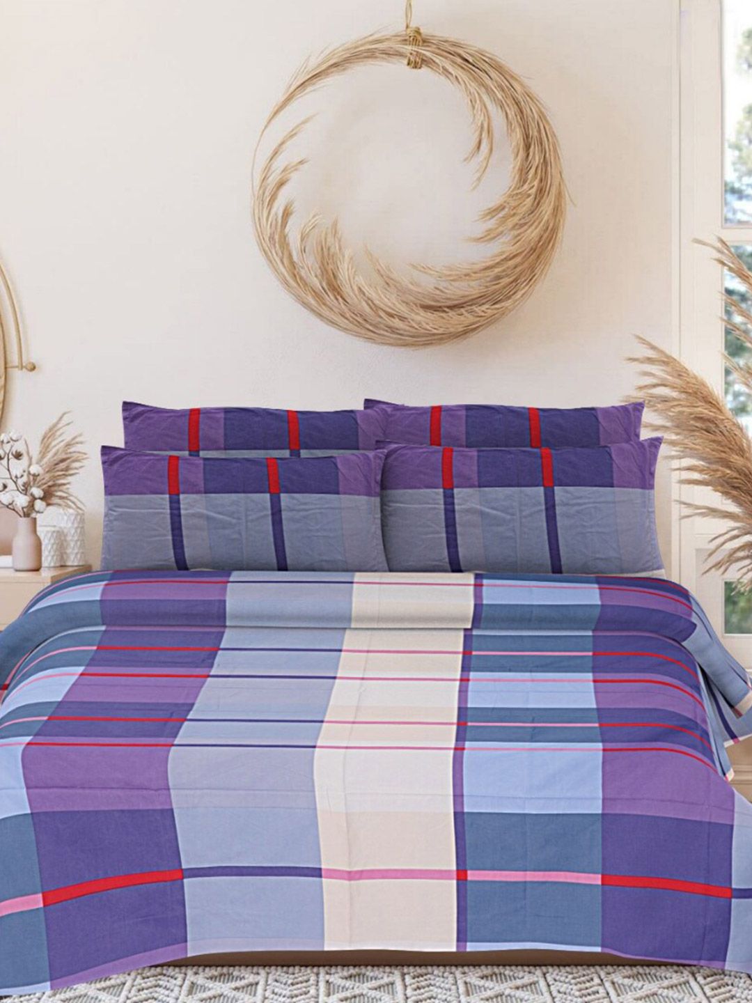 INDHOME LIFE Blue & Brown Printed 220 TC Pure Cotton Queen Bedsheet & 2 Pillow Covers-picture-35