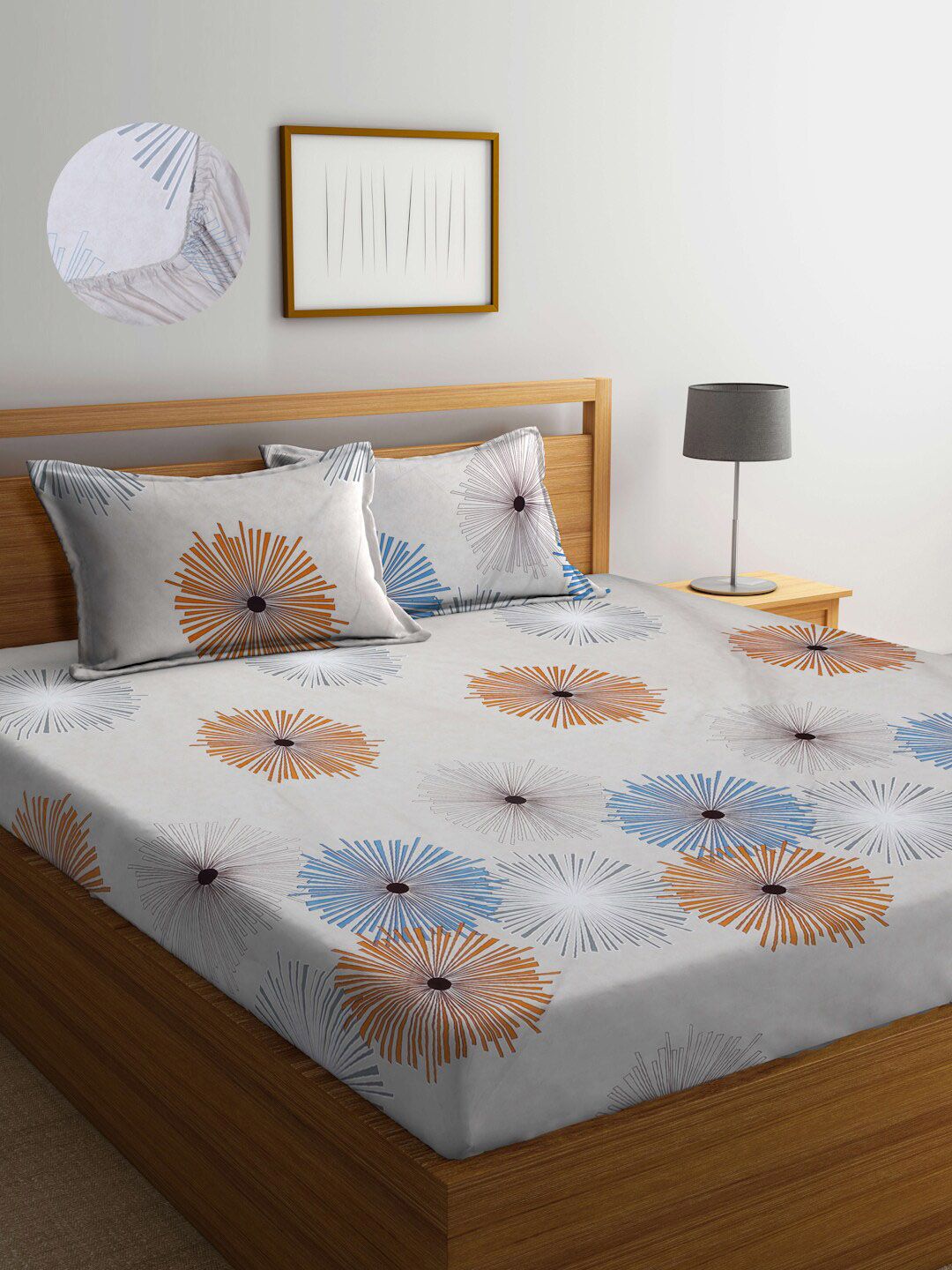 Arrabi Beige & Blue Floral Printed 300 TC King Size Fitted Bedsheet with 2 Pillow Covers-picture-36