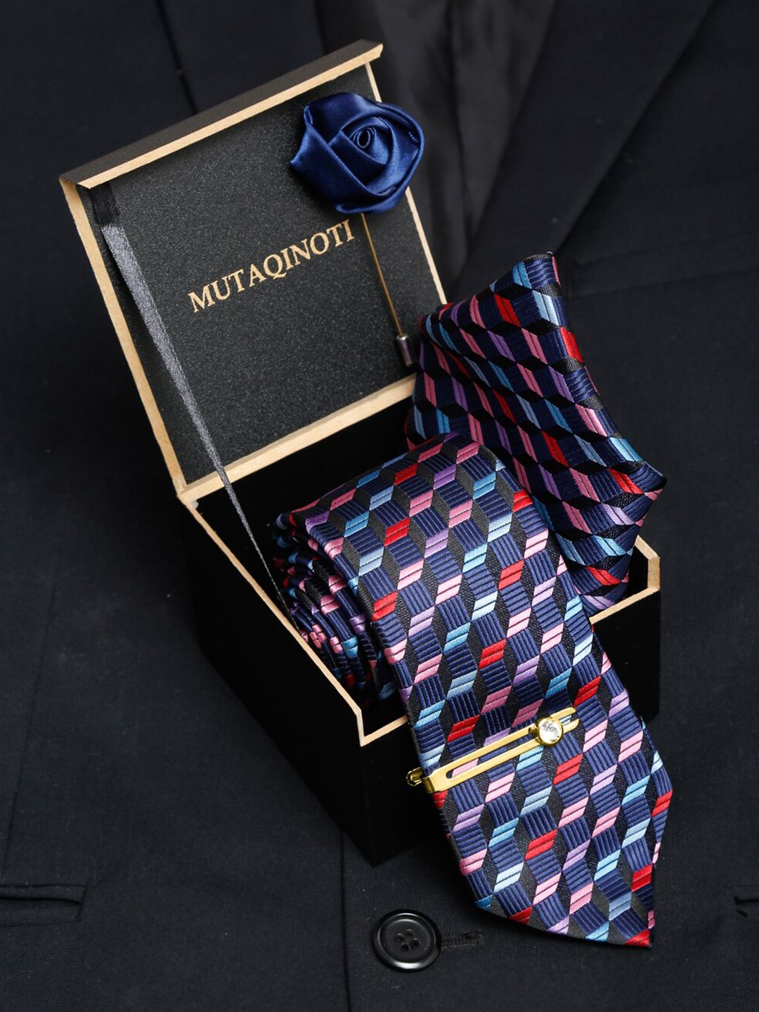 MUTAQINOTI Men Geometric Woven Design Silk Blend Necktie Accessory Gift Set-picture-23