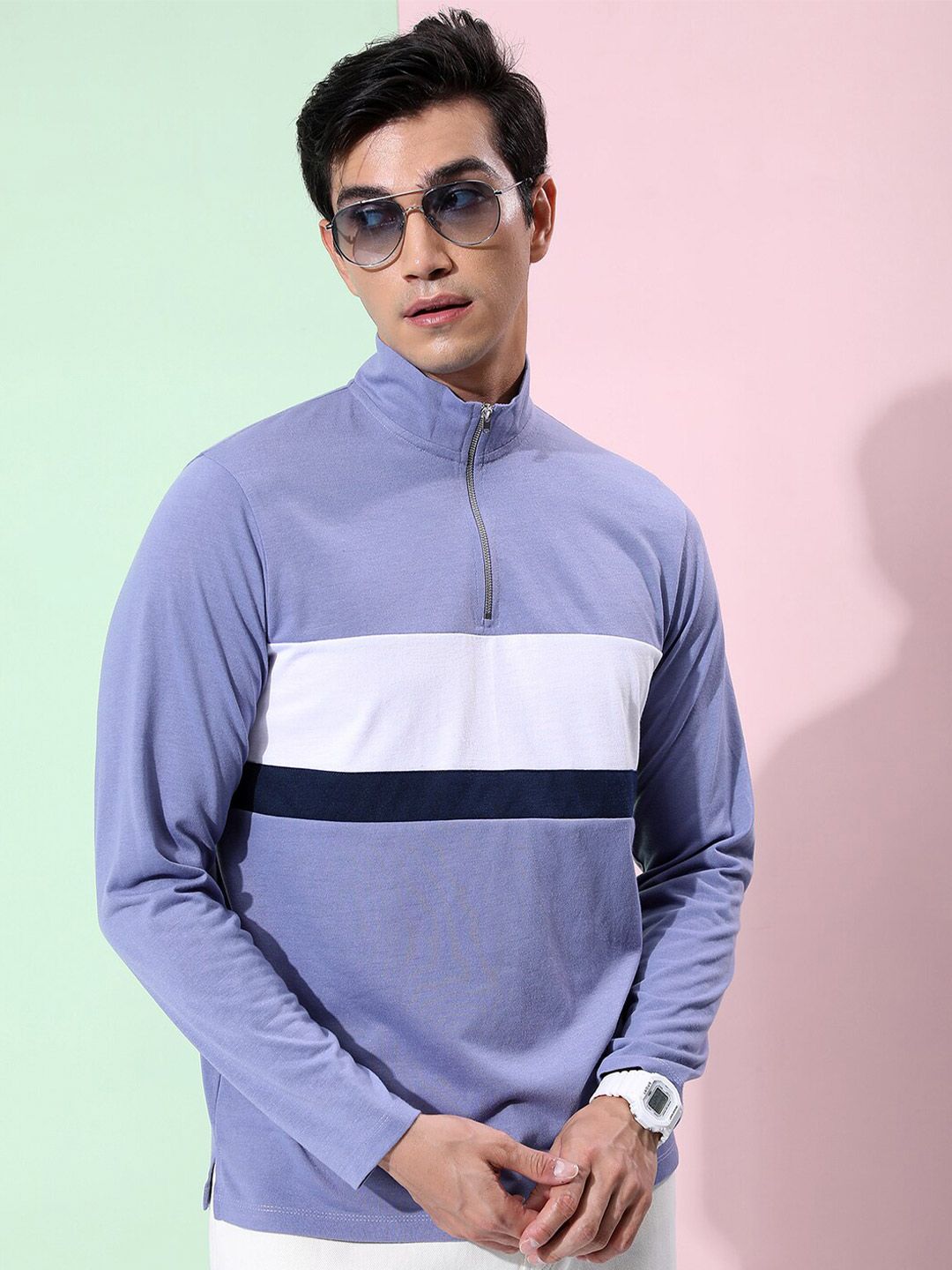 KETCH Colourblocked High Neck Long Sleeves T-shirt