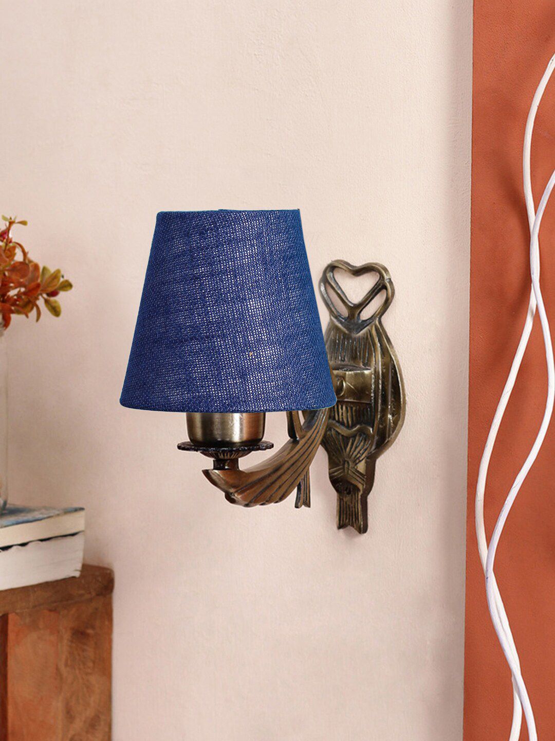 Devansh Blue & Gold-Toned Textured Antique Wall Lamp With Cotton Conical Shade-image-23