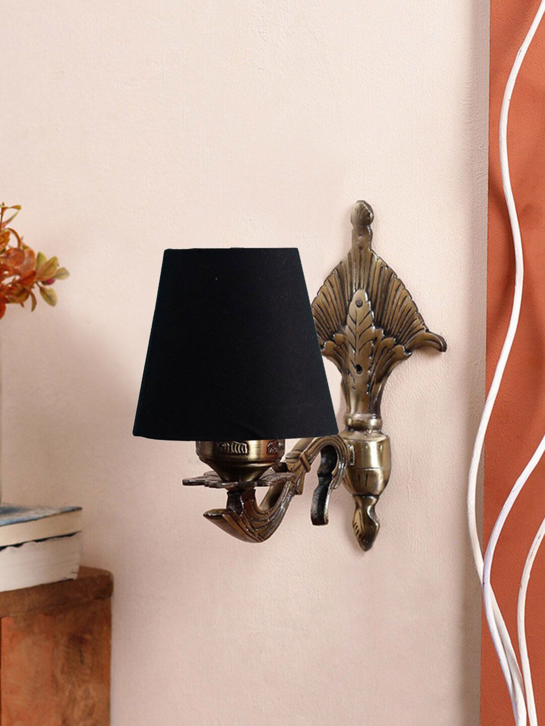 Devansh Black Textured Antique Wall Lamp With Cotton Conical Shade-image-33