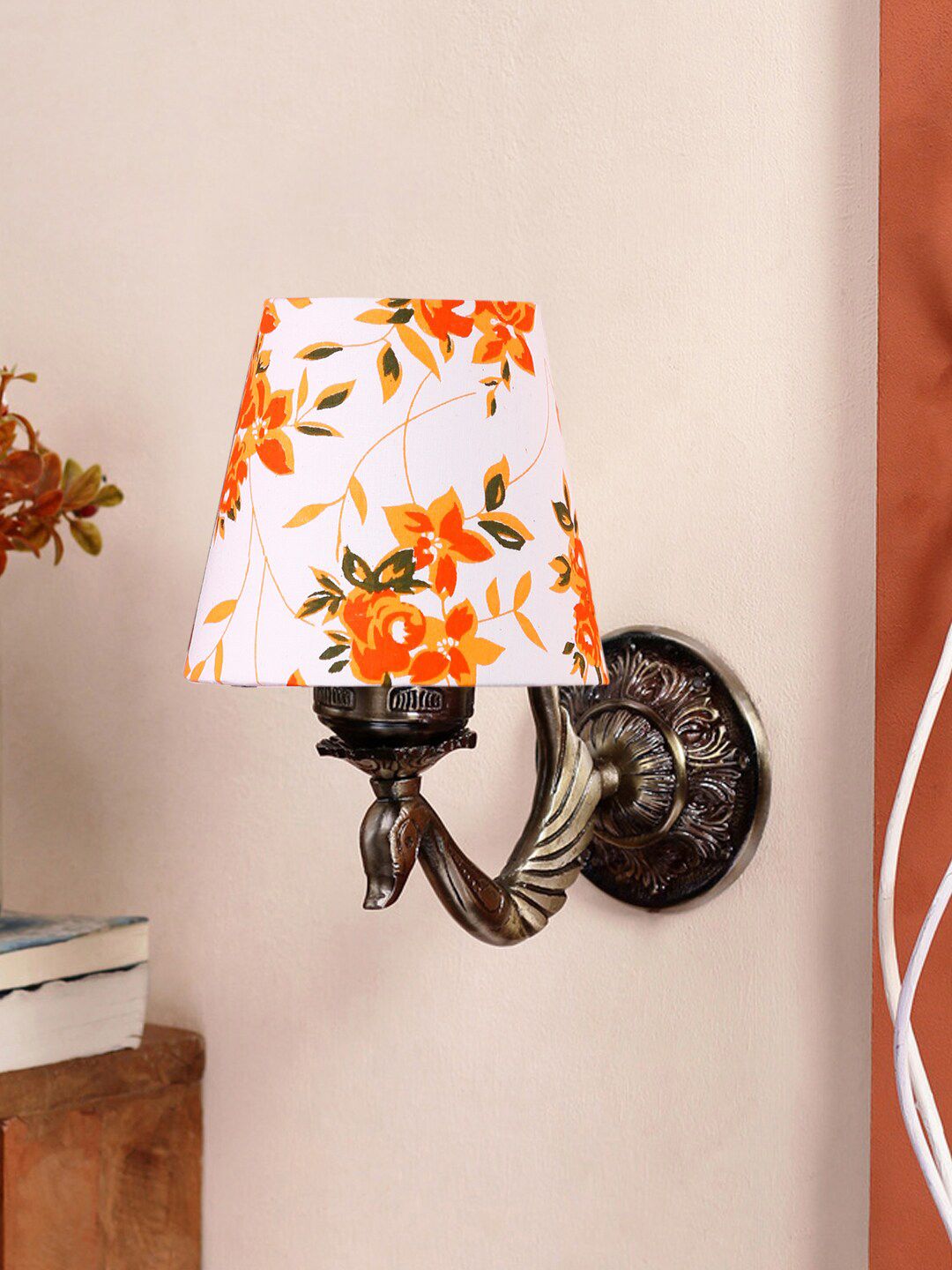 Devansh White & Orange-Coloured Textured Antique Cotton Conical Shade Wall Lamp-image-9