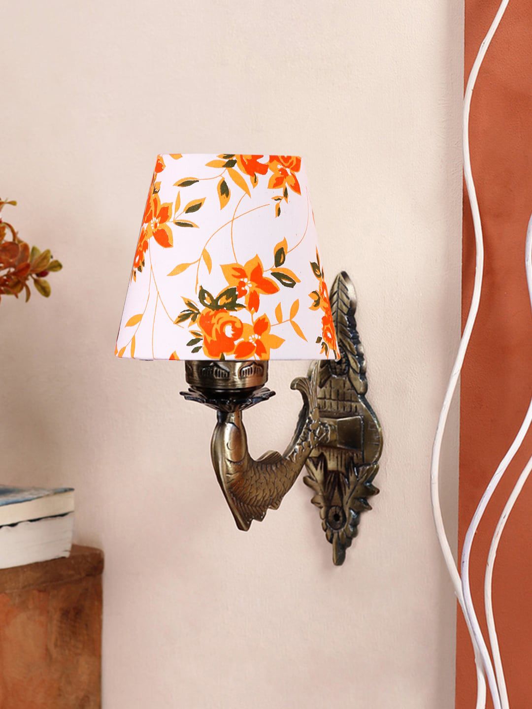 Devansh White & Orange Printed Antique Wall Lamp With Cotton Conical Shade-picture-34