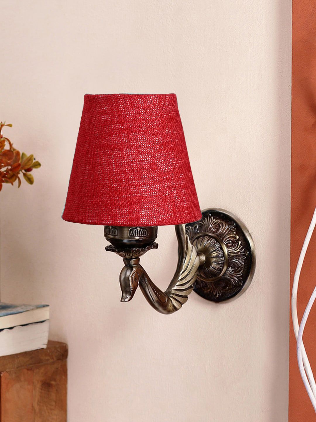Devansh Maroon Textured Antique Wall Lamp With Jute Conical Shade-image-26