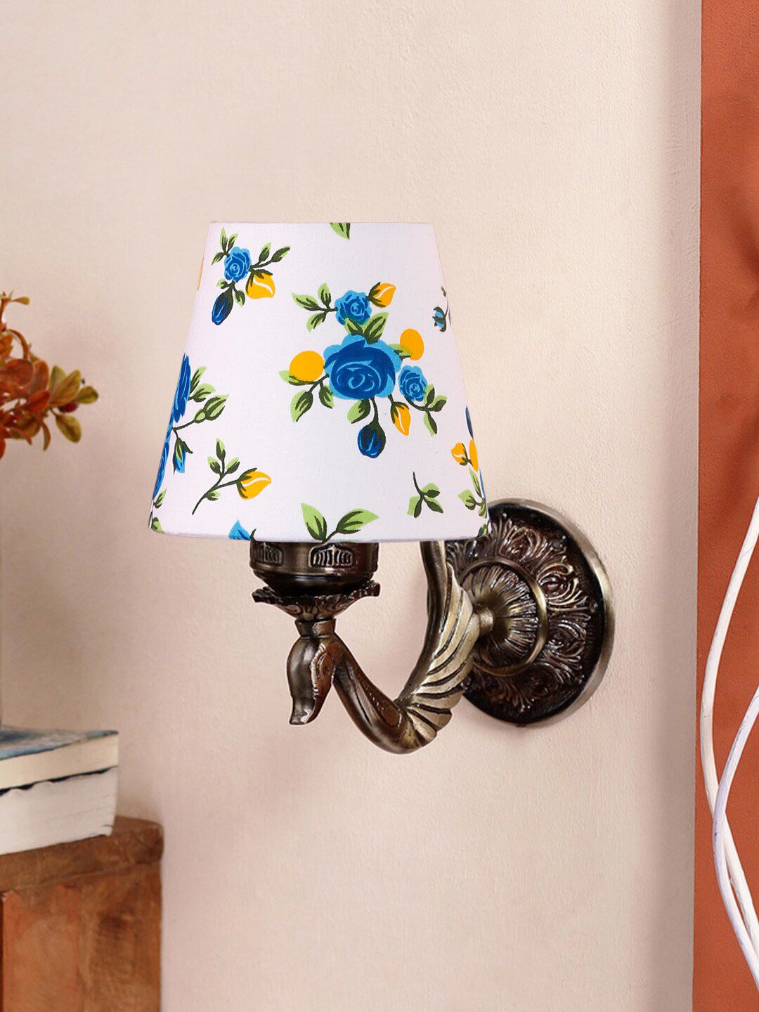 Devansh White & Blue Printed Antique Wall Lamp With Cotton Conical Shade-picture-33