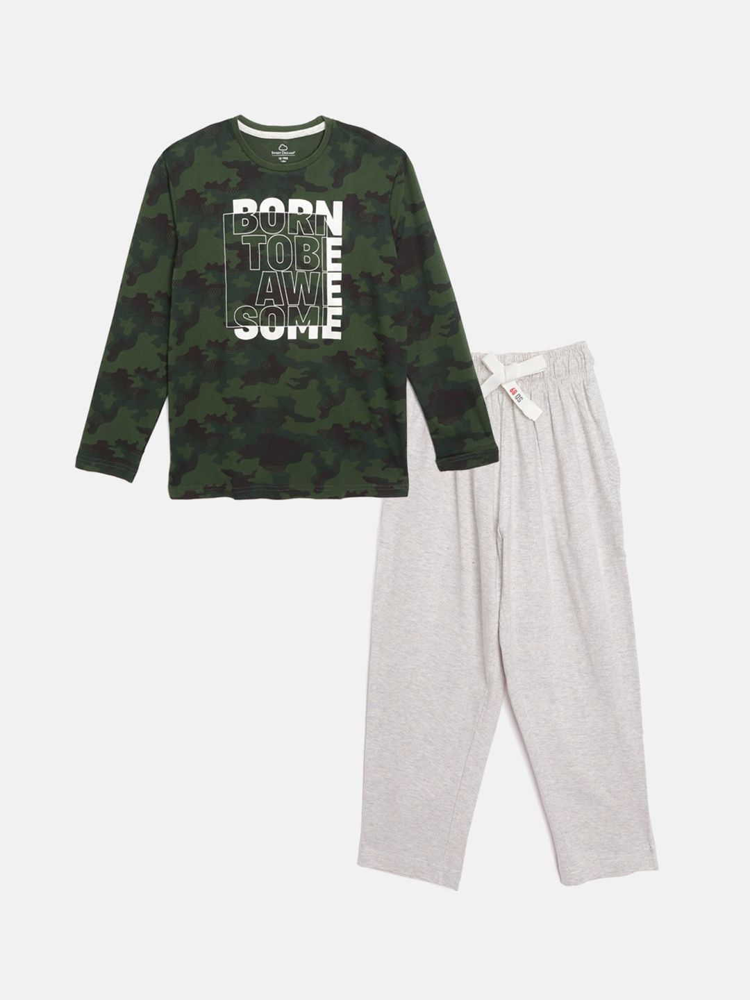Sweet Dreams Boys Olive Green & Grey Typography Printed Pure Cotton Night Suit-picture-18