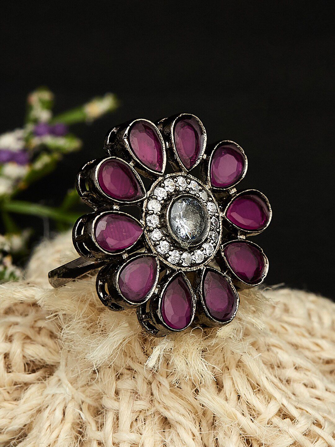 ATIBELLE Silver-Plated American Diamond Studded Adjustable Finger Ring