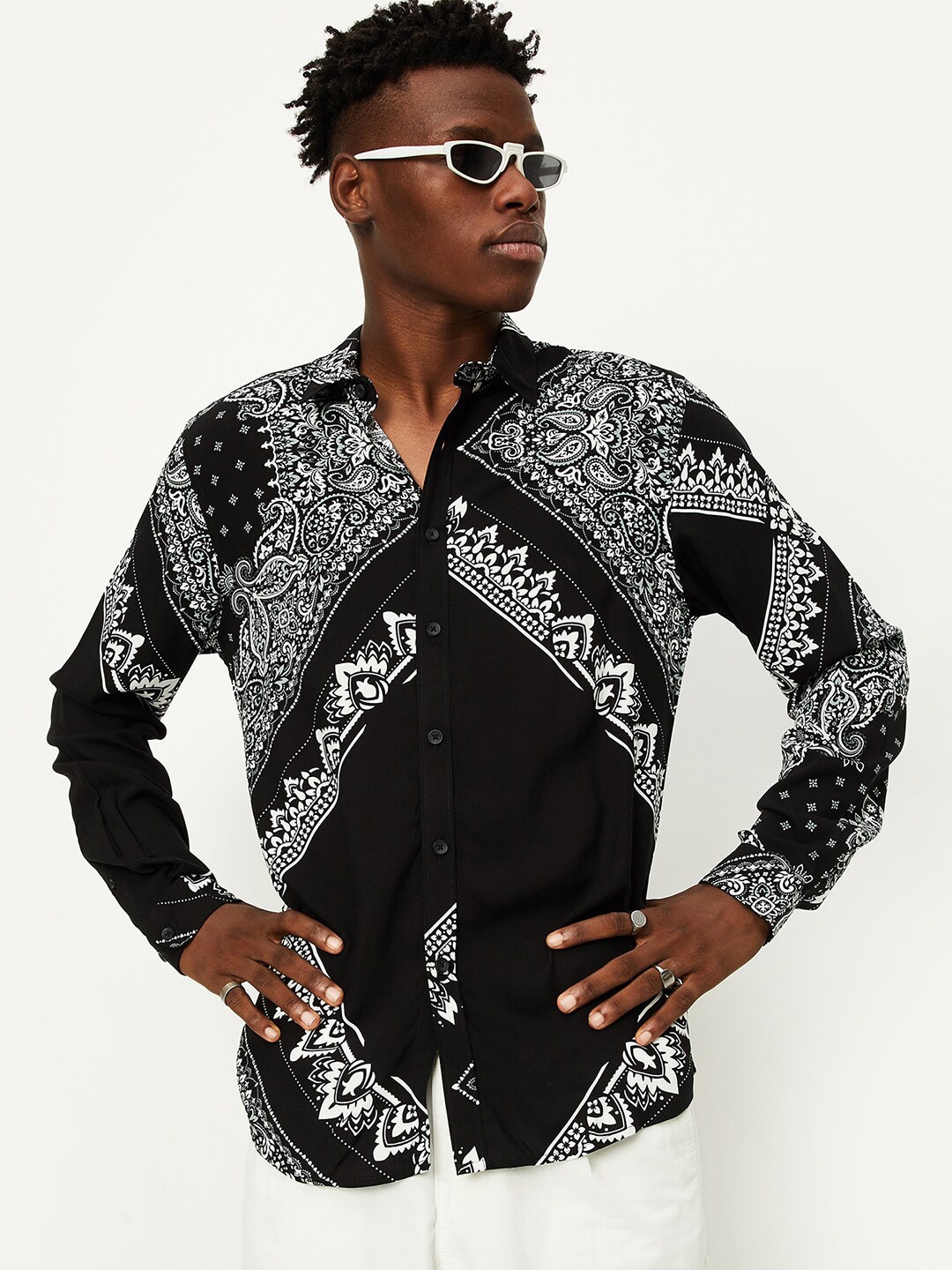max Black Ethnic Printed Opaque Casual Shirt